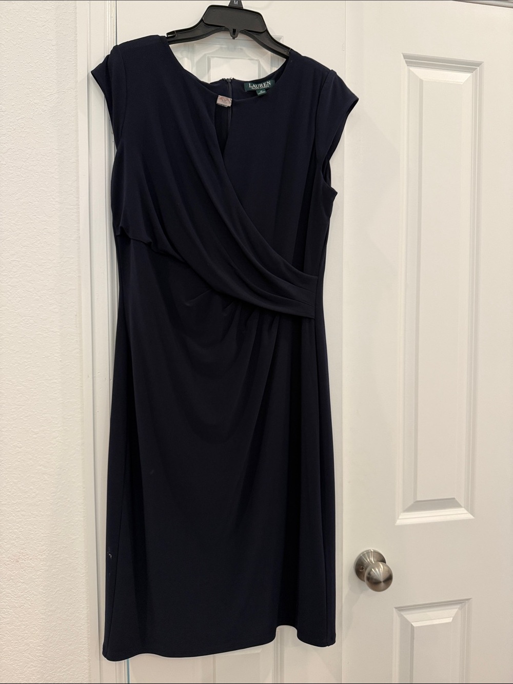 Lauren Ralph Lauren Navy Faux-Wrap Cap Sleeve Midi Dress